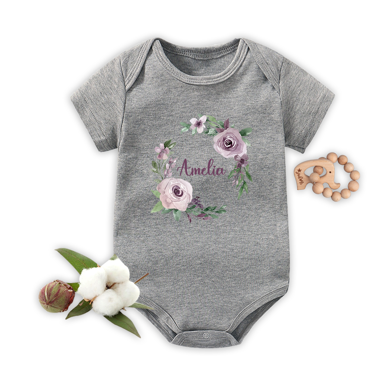 Personalized Light Purple Wreath Baby Bodysuit