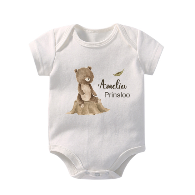 Personalized Bear Cub Sitting On Tree Stump Baby Bodysuit