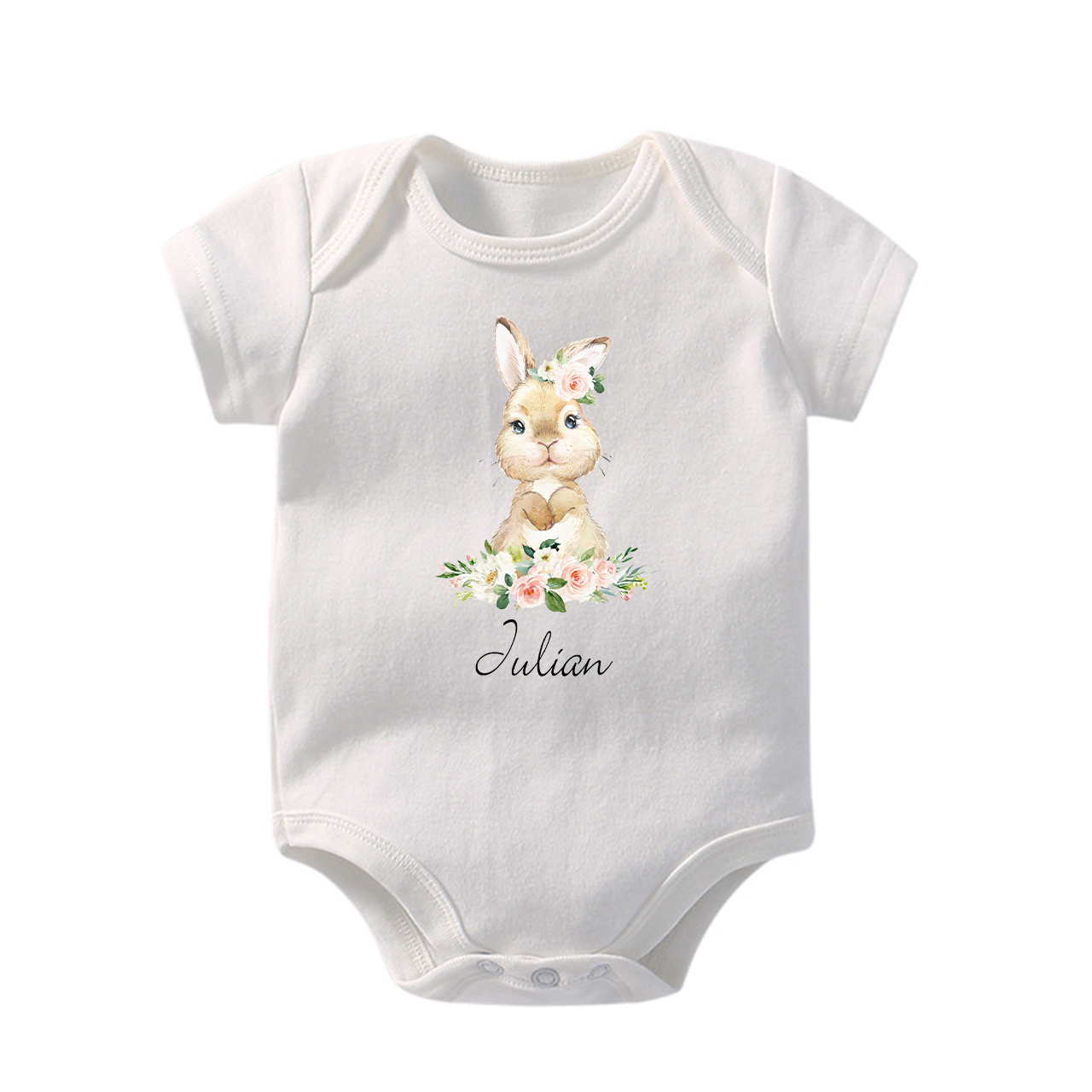 Personalized Cute Rabbit And Pink Flowers Baby Bodysuit