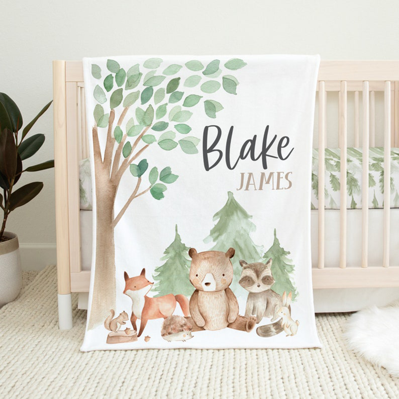 Personalized  Bear, Fox, Forest Baby Flannel Blanket