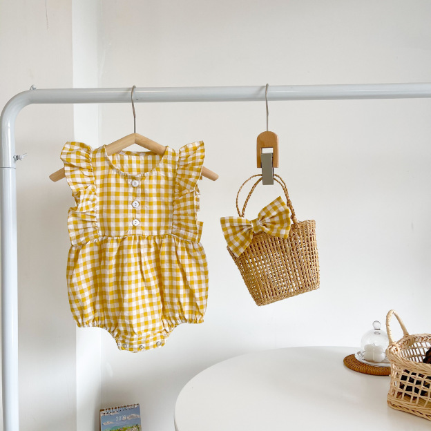 Plaid Baby Summer Jumpsuit Headband Set