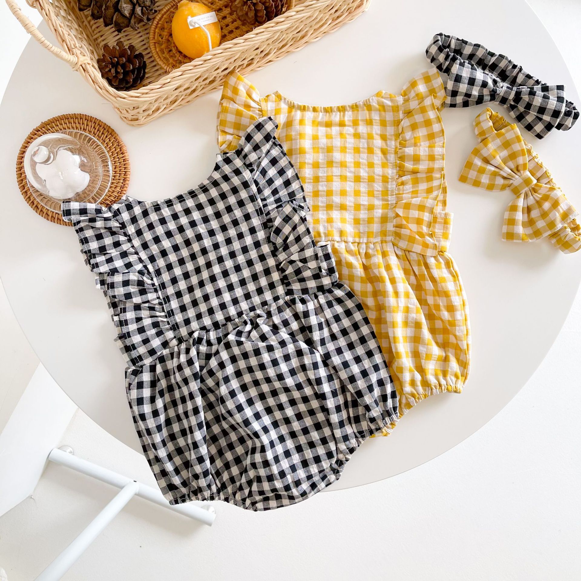 Plaid Baby Summer Jumpsuit Headband Set