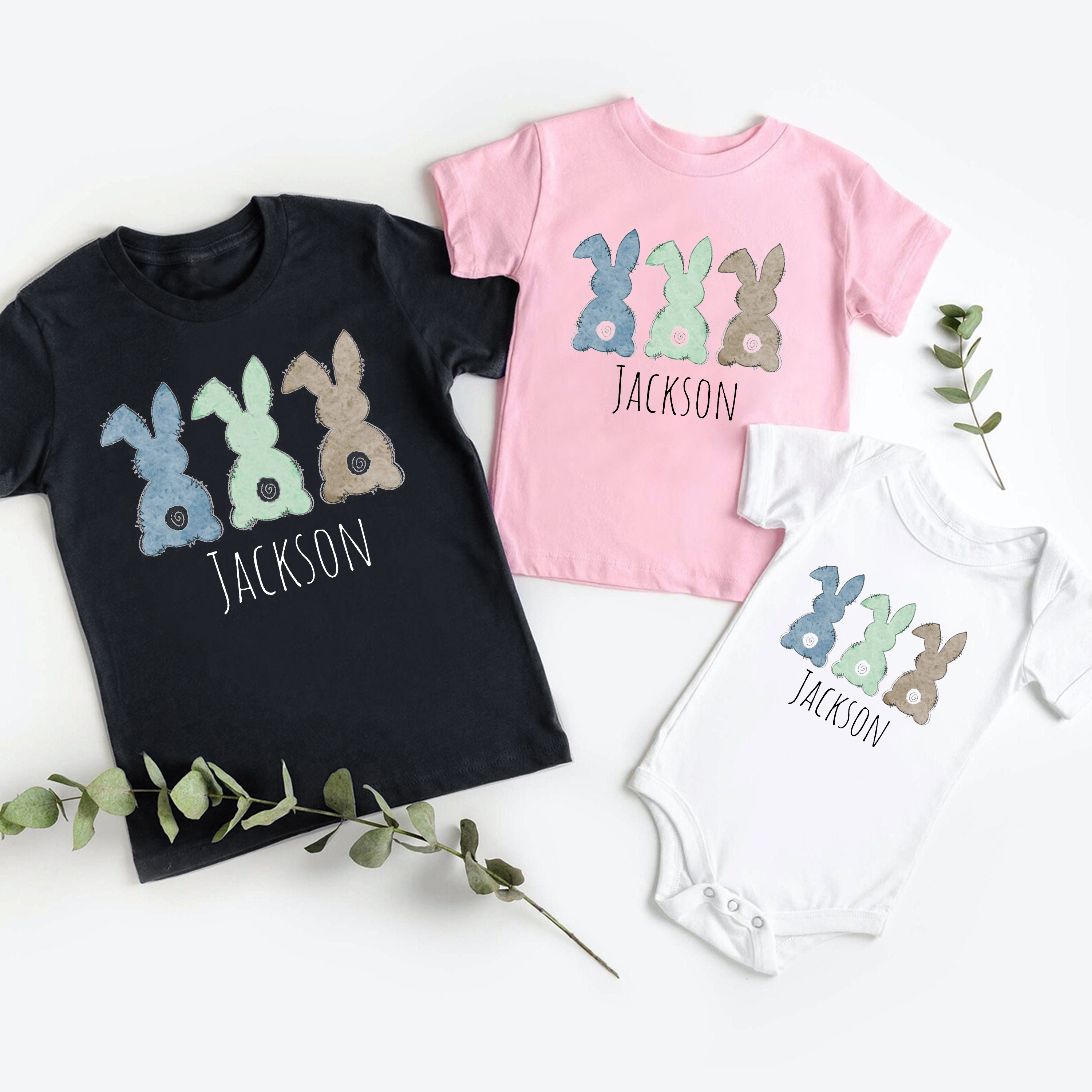 Personalized Bunny Trio Easter Siblings Family Matching Shirt