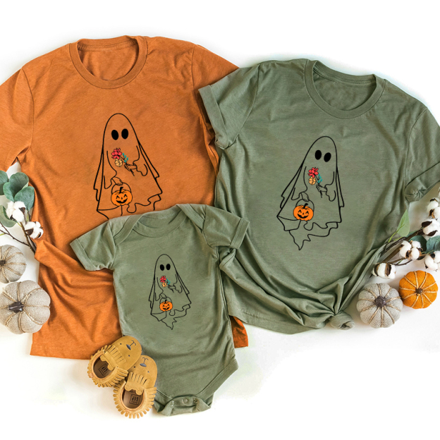 Ghost Holding Flowers And Pumpkin Halloween Matching Family Shirts