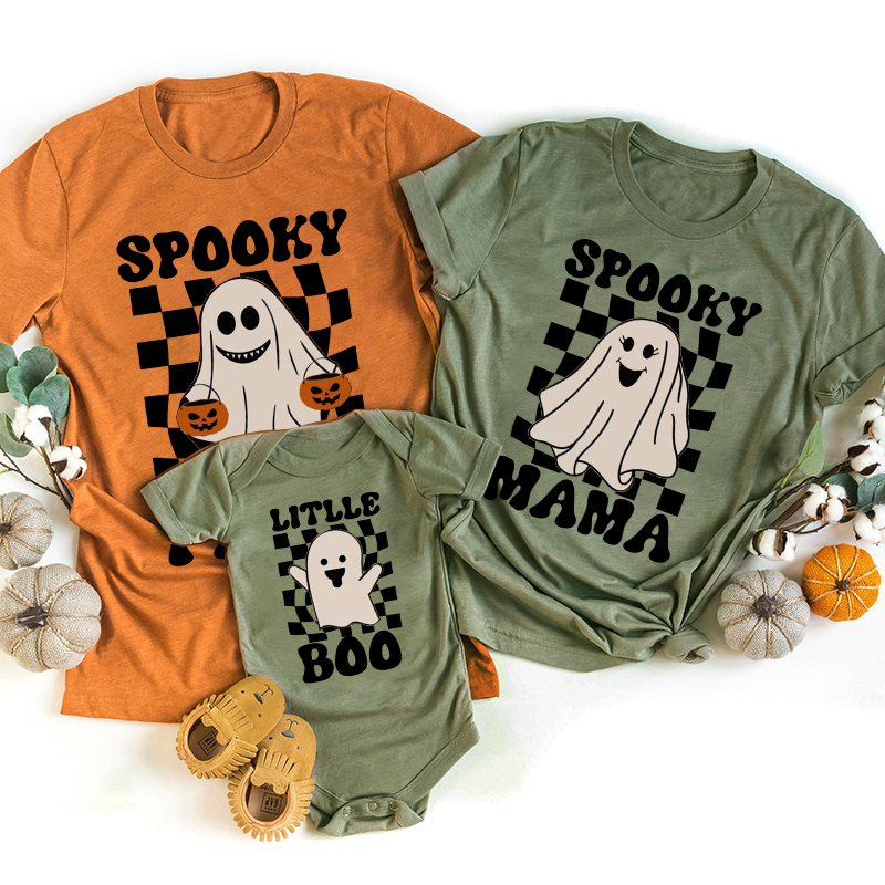Checkerboard Pumpkin Ghost Halloween Family Matching Shirts