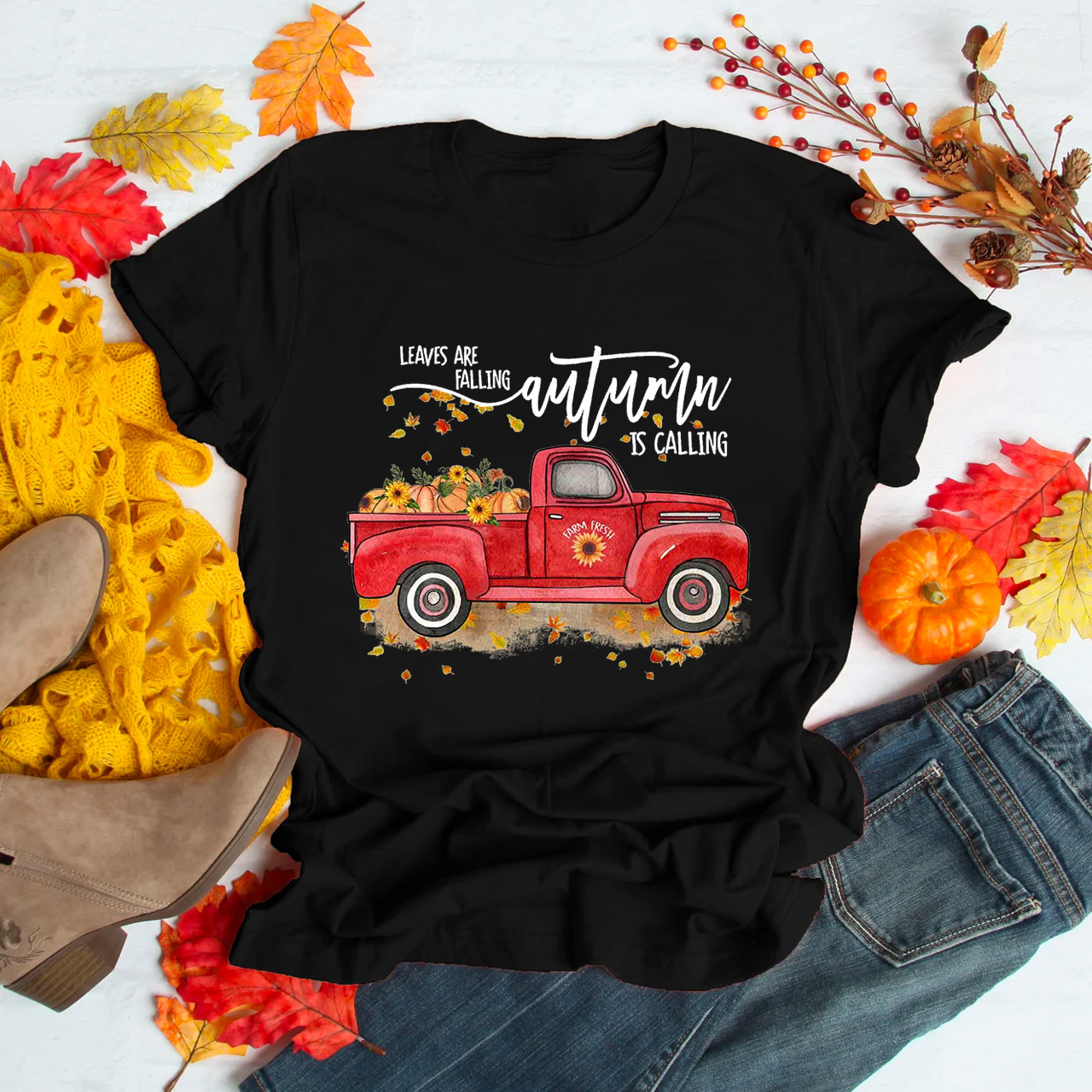 Leaves Are Falling Red Truck Fall Tees