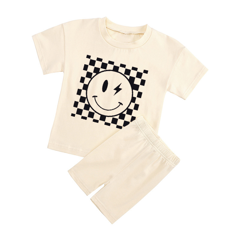 Retro Smile Face Toddler Peach Boho Biker Shorts&Tee