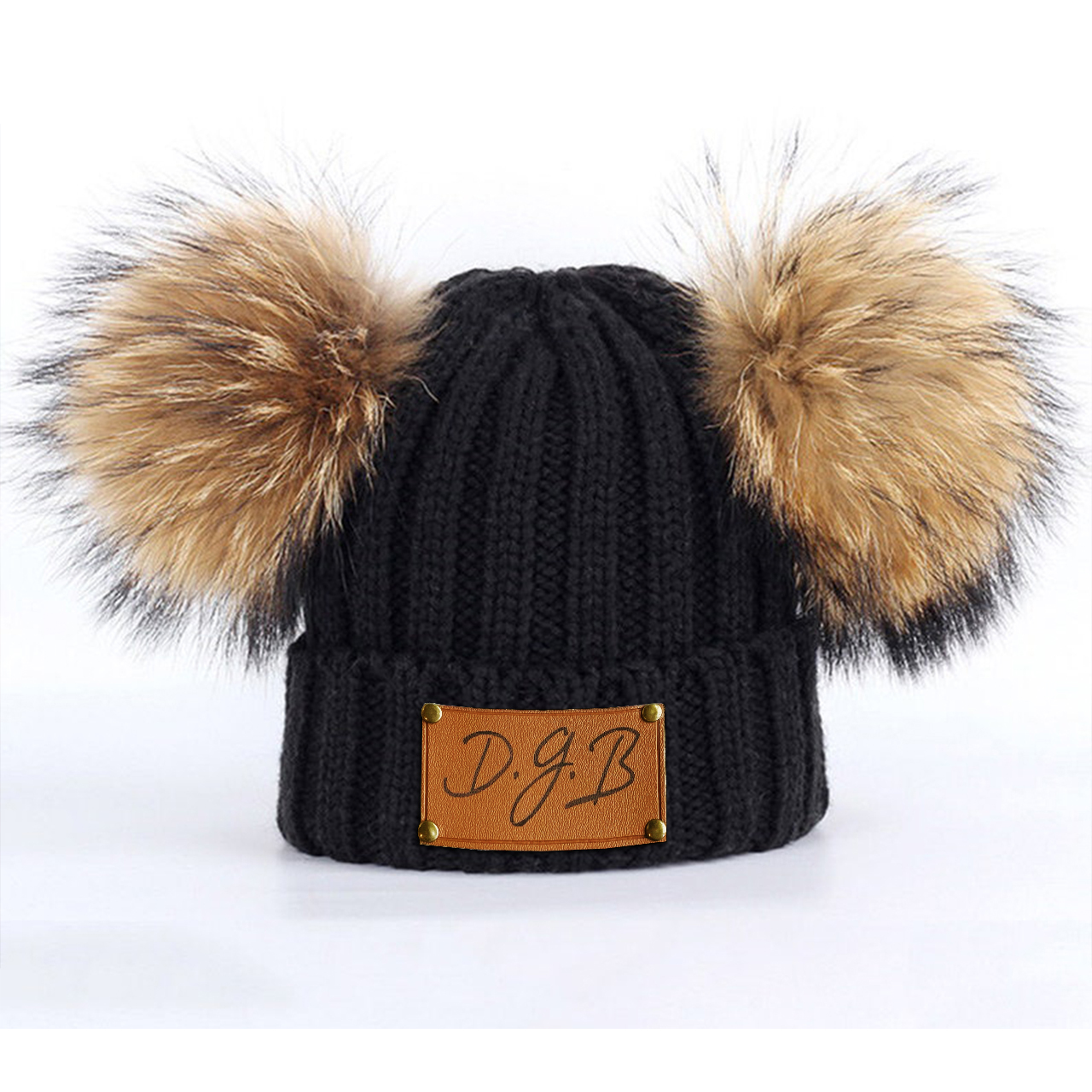 Vegan Leather Patch Double PomPom Hat 