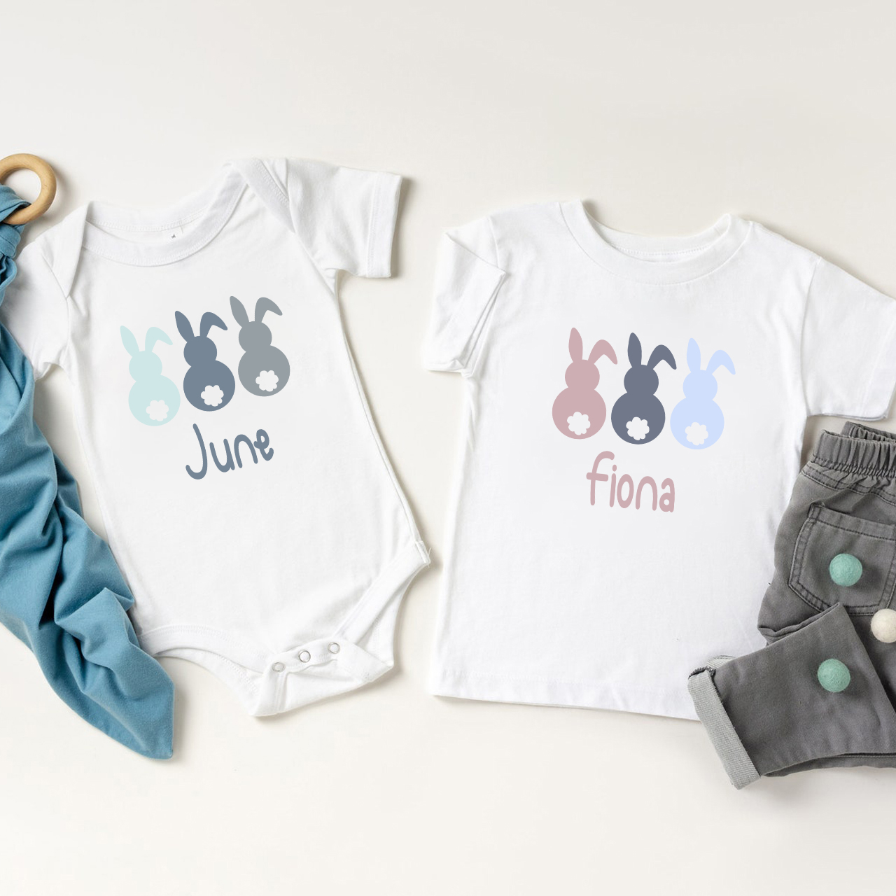 Personalized Baby Bodysuit & Shirts  (Three Rabbits)