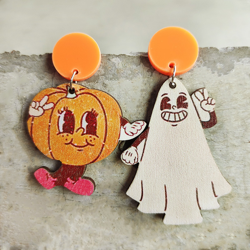 Halloween Pumpkin Ghost Wooden Earring