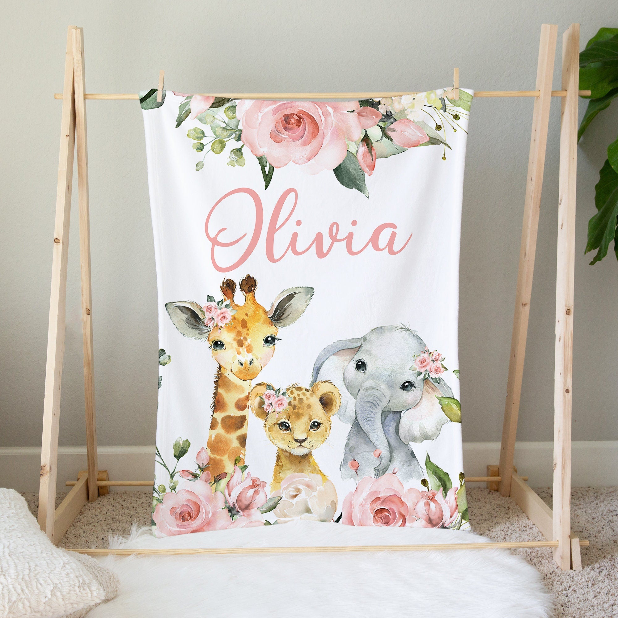 Personalized Pink Safari Animal Baby Flannel Blanket