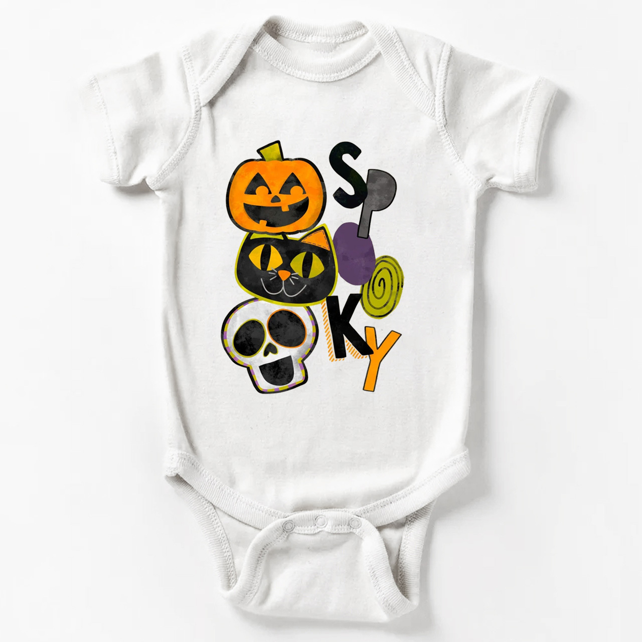 Spooky Pumpkin Cat Skull Halloween Baby Bodysuit
