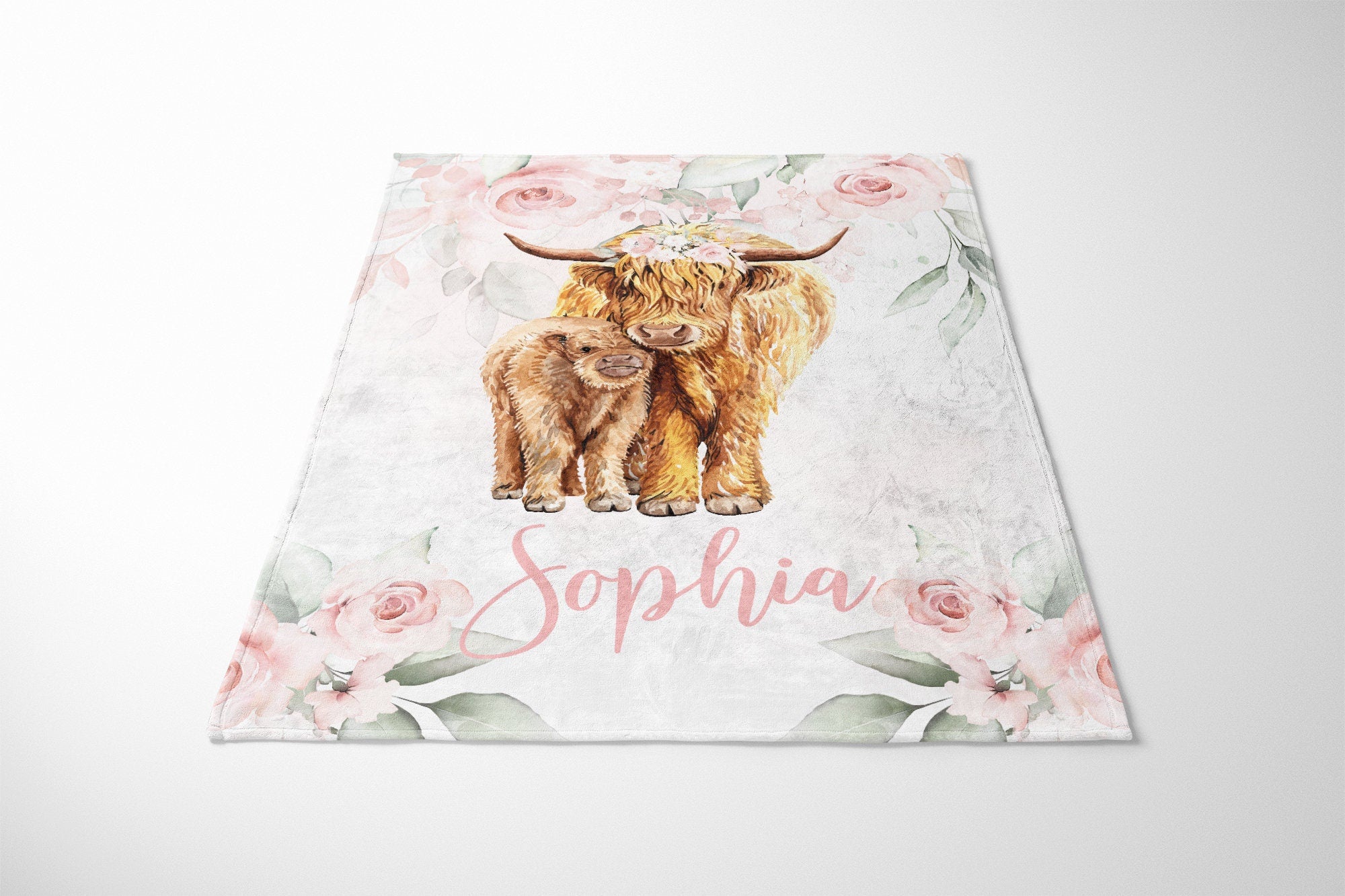 Personalized Highland Cow Pink Floral Baby Flannel Blanket