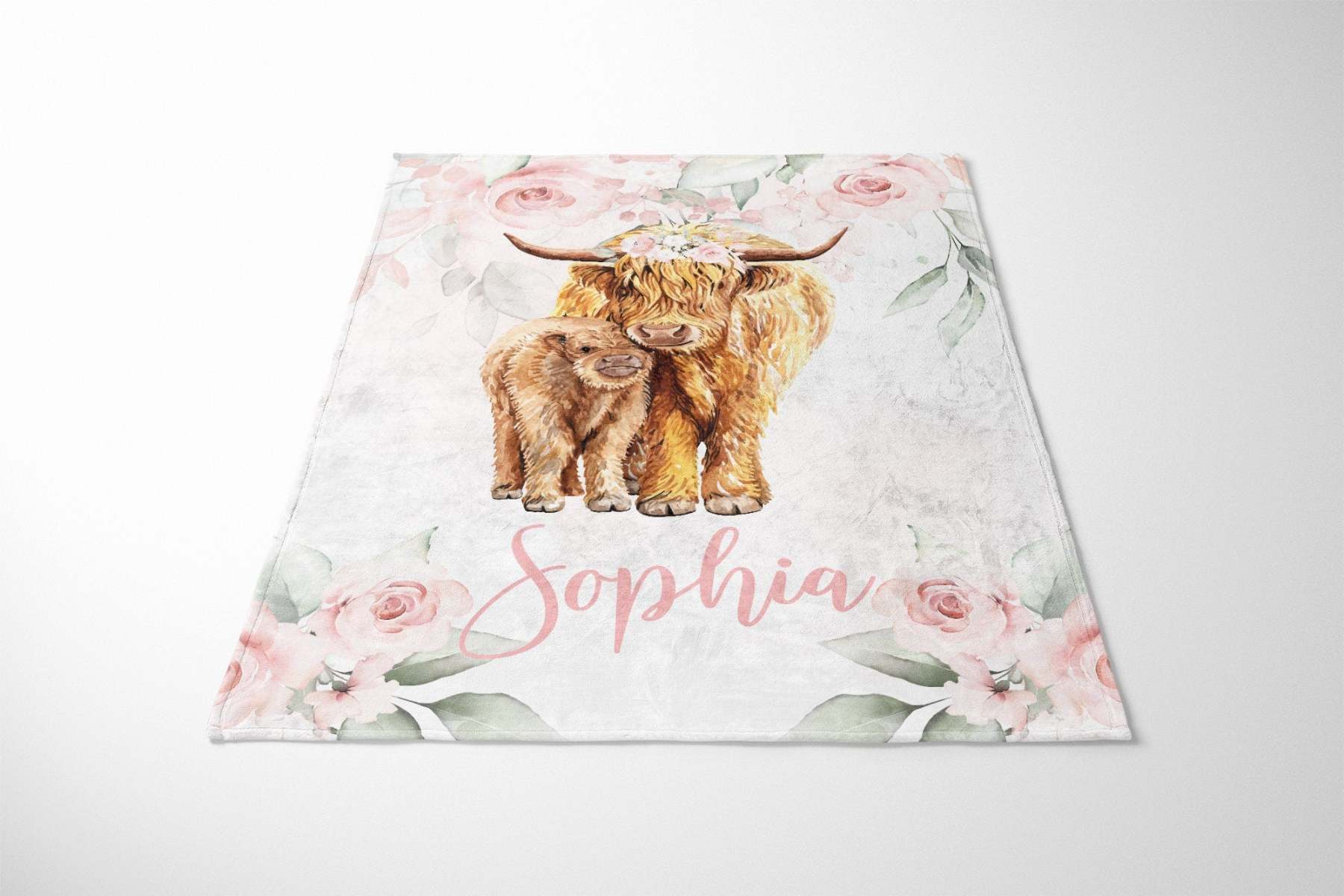 Personalized Highland Cow Pink Floral Baby Flannel Blanket