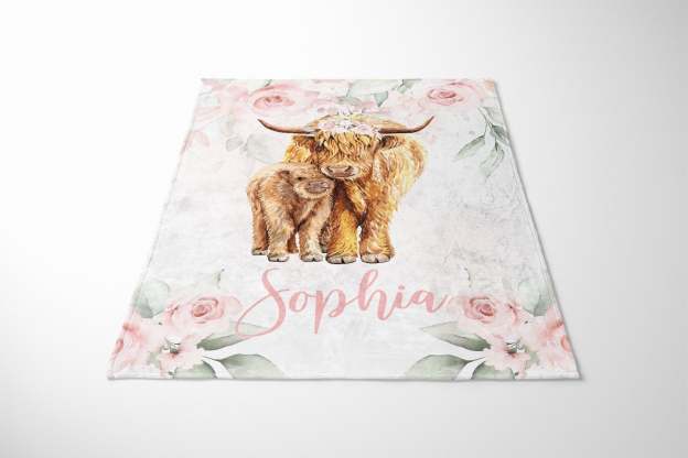 Personalized Highland Cow Pink Floral Baby Flannel Blanket