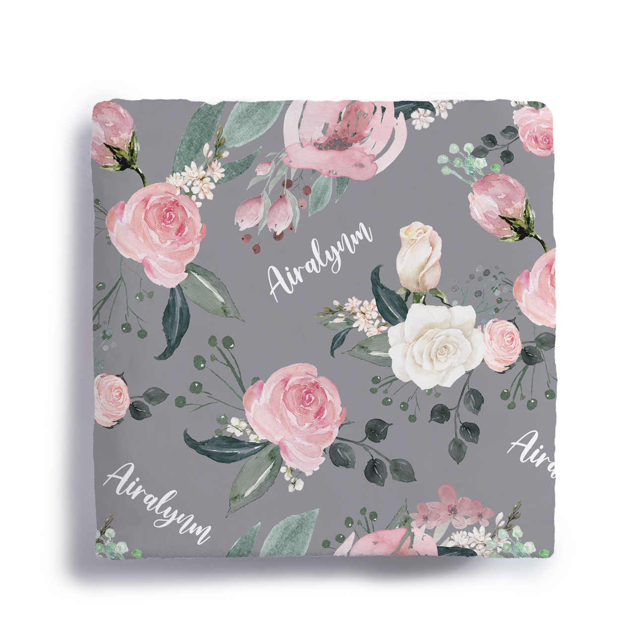Grey Flowers Personalized Baby Flannel Blanket