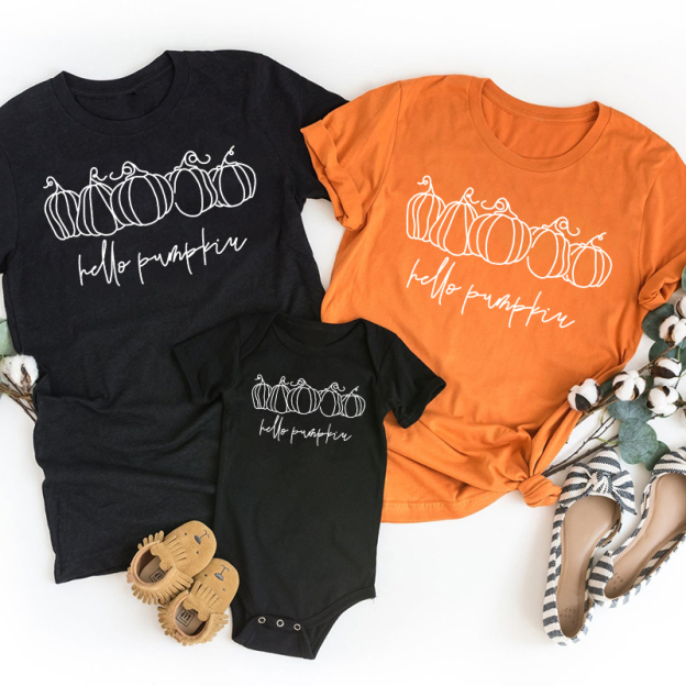 Thanksgiving Hello Pumpkin Mustard  Family Matching Shirt