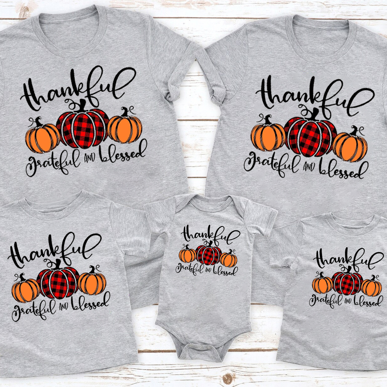 Buffalo Plaid Pumpkin Thankful Grateful Blessed Matching Shirts