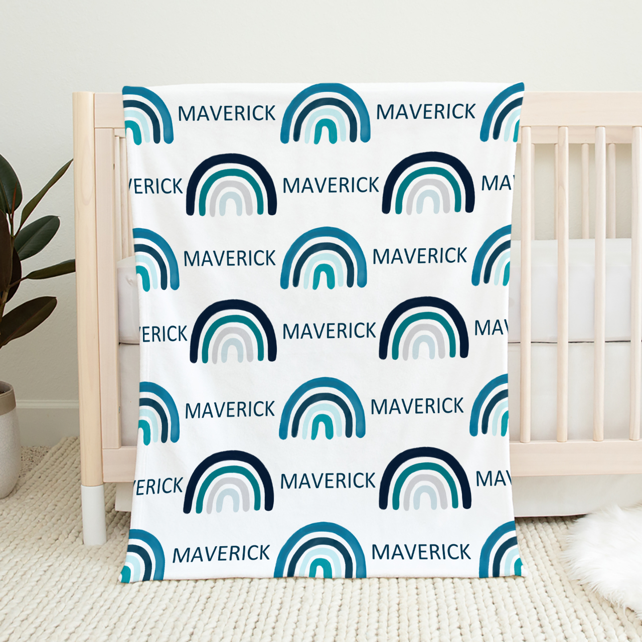 Blue Rainbow Personalized Baby Flannel Blanket