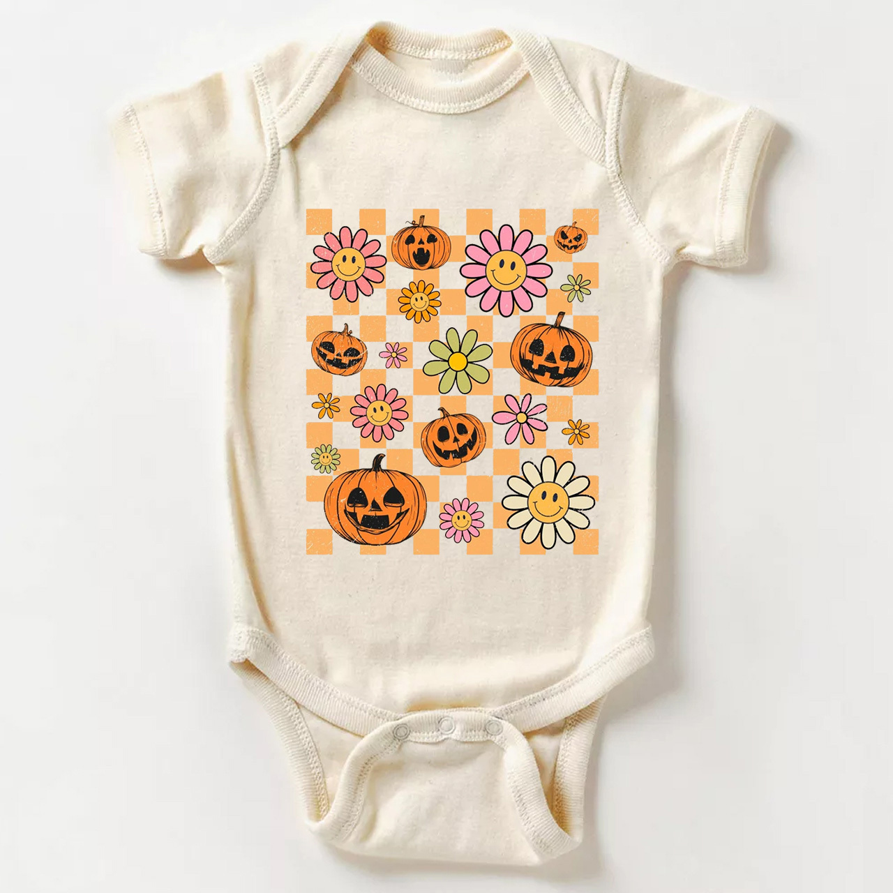 Retro Halloween Pumpkins Natural Baby Bodysuit
