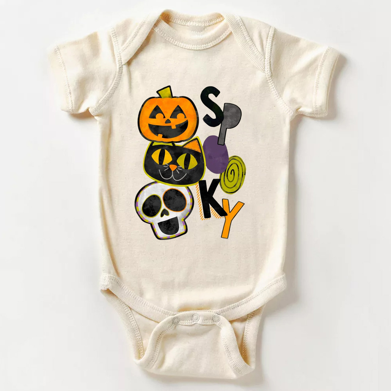 Spooky Pumpkin Cat Skull Halloween Baby Bodysuit