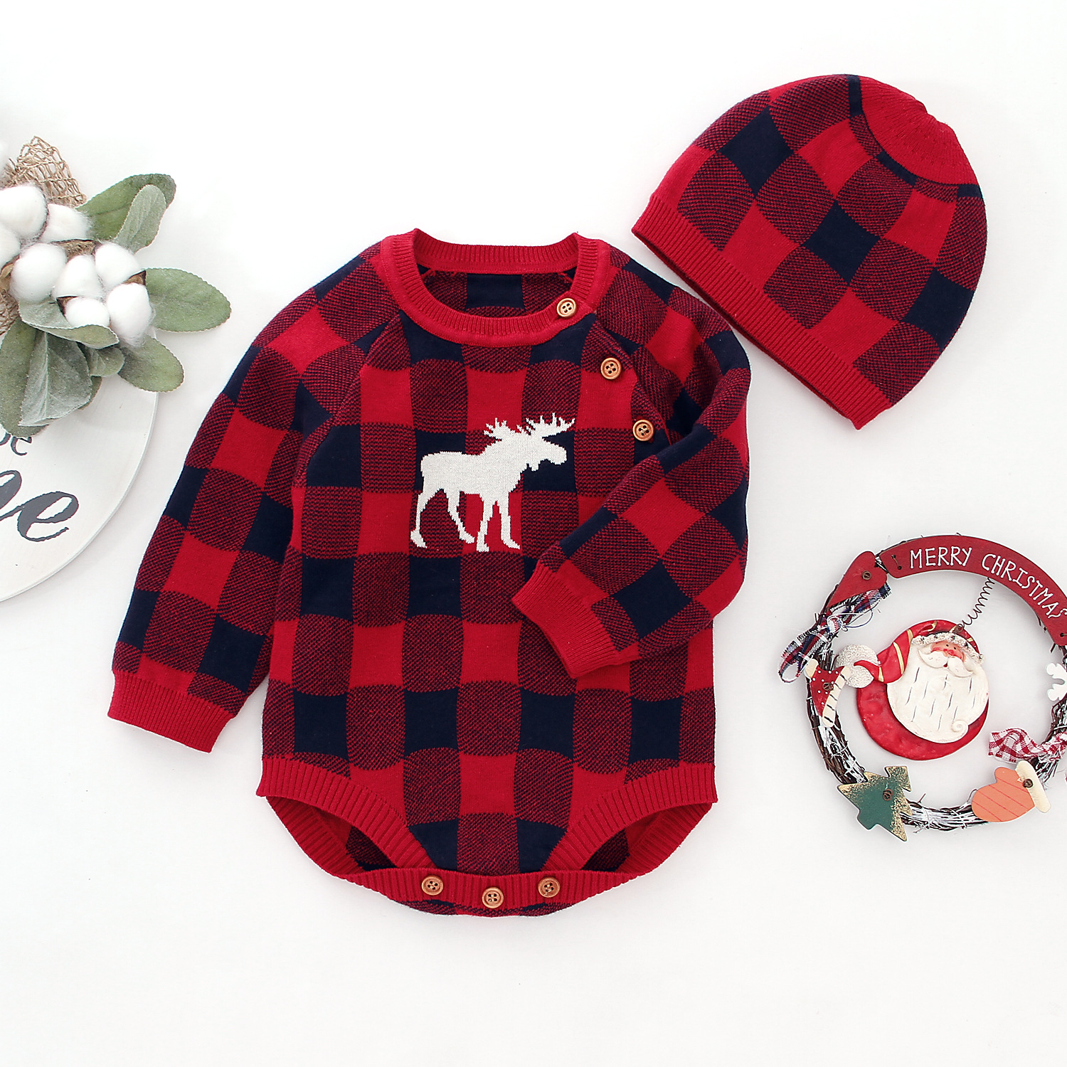 Plaid&Deer Christmas Baby Bodysuit Set