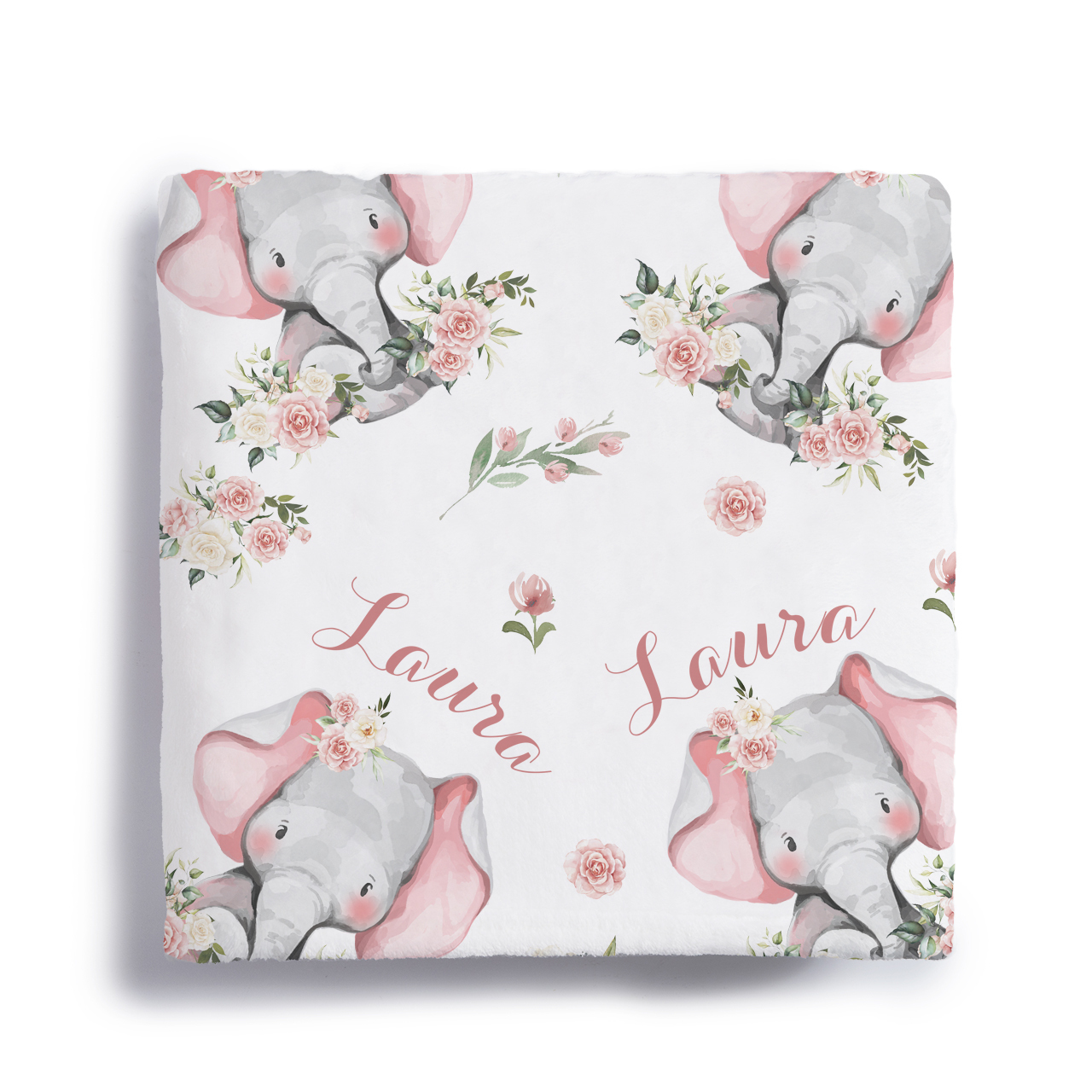 Pink Elephant & Florals Personalized Baby Flannel Blanket