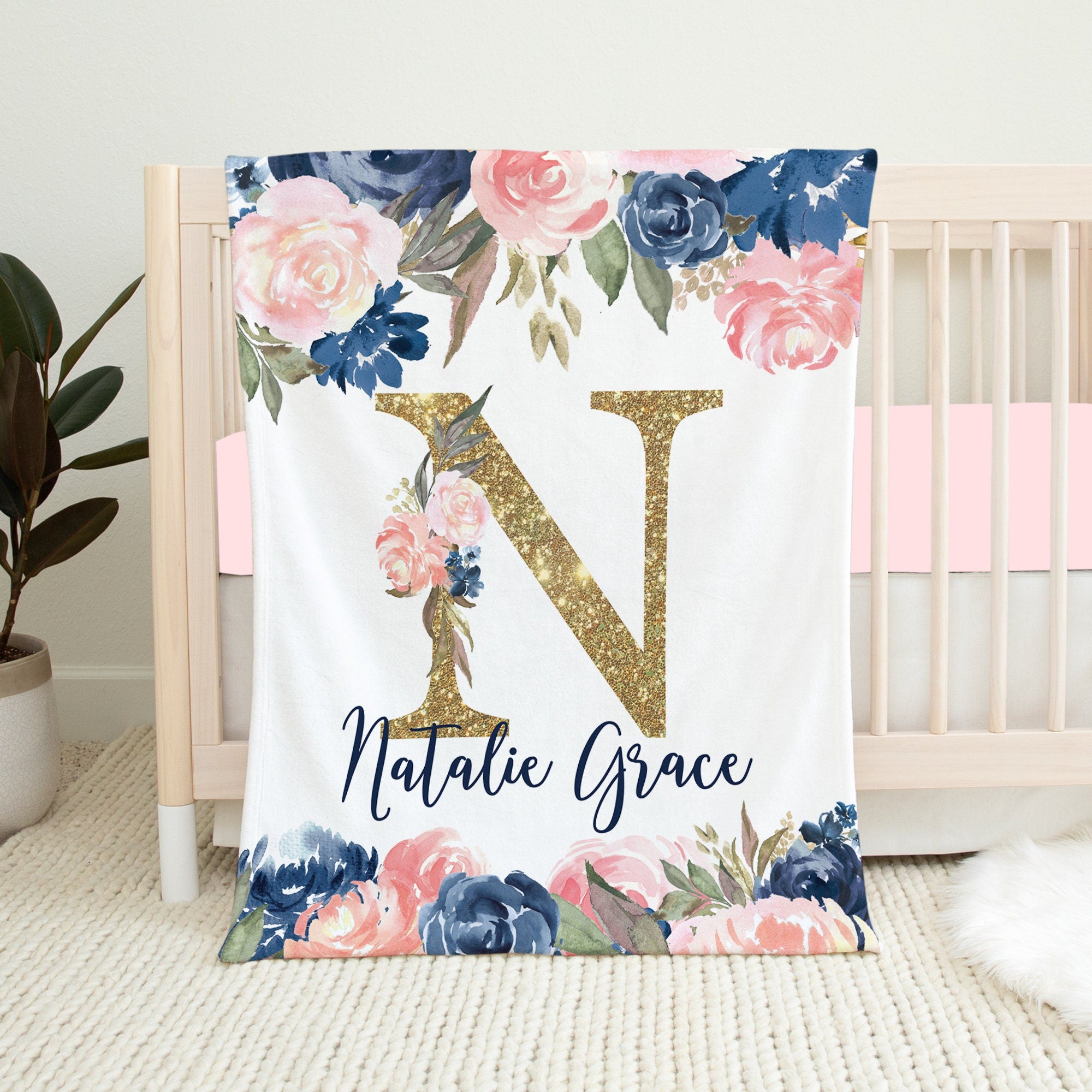 Personalized Navy And Pink Baby Flannel Blanket