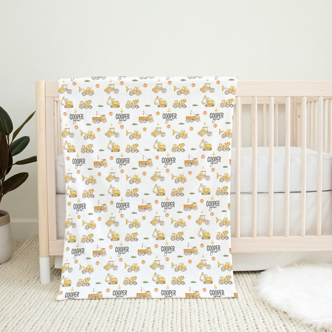 Personalized Yellow Tractor Baby Boy Flannel Blanket
