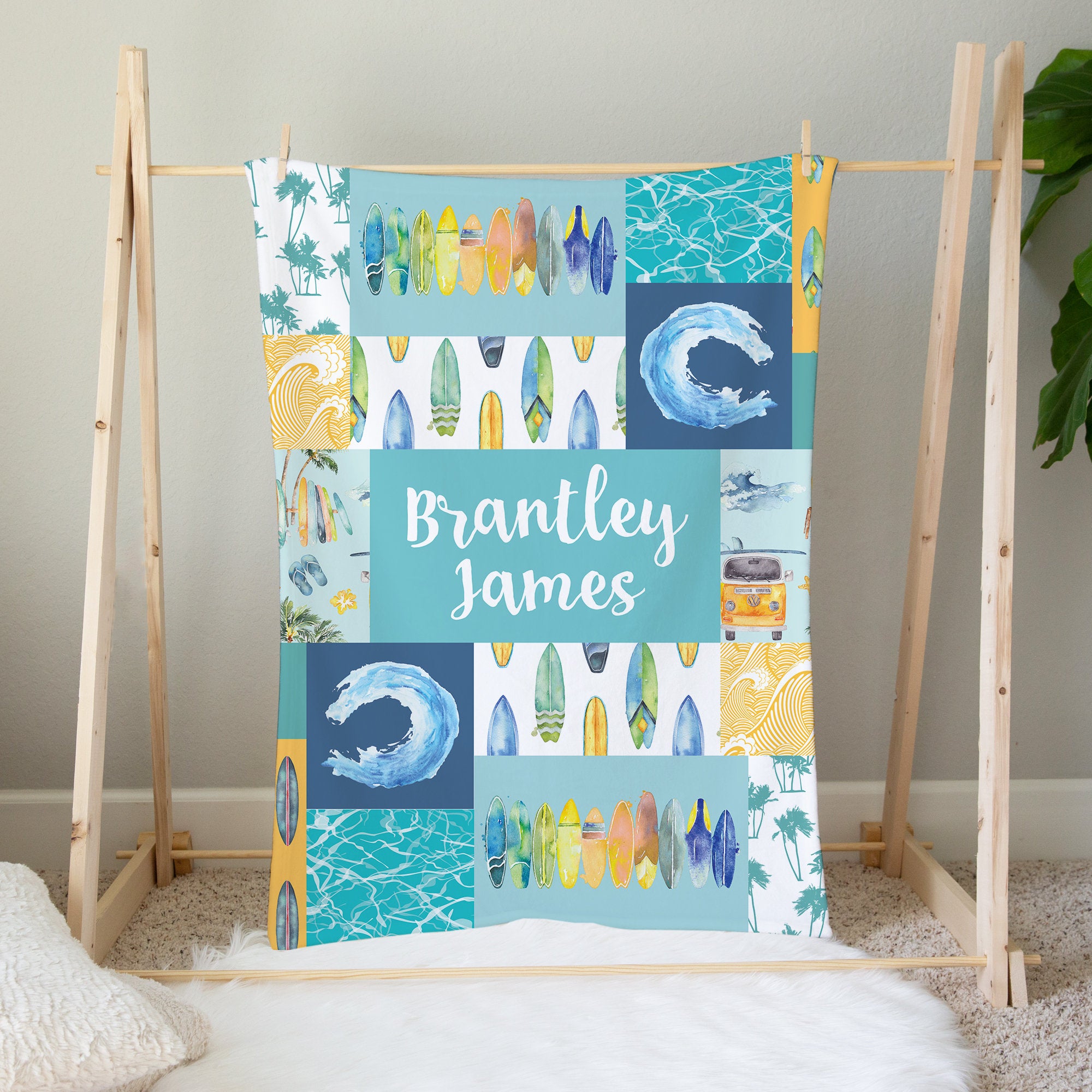 Personalized Surfing Beach Baby Flannel Blanket