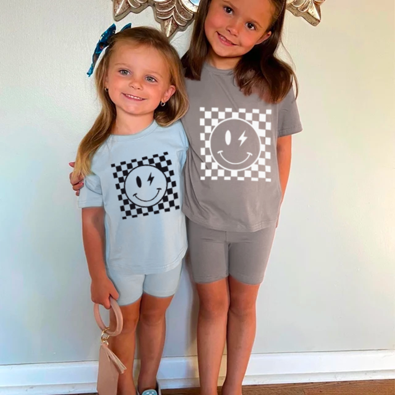 Retro Smile Face Toddler Peach Boho Biker Shorts&Tee