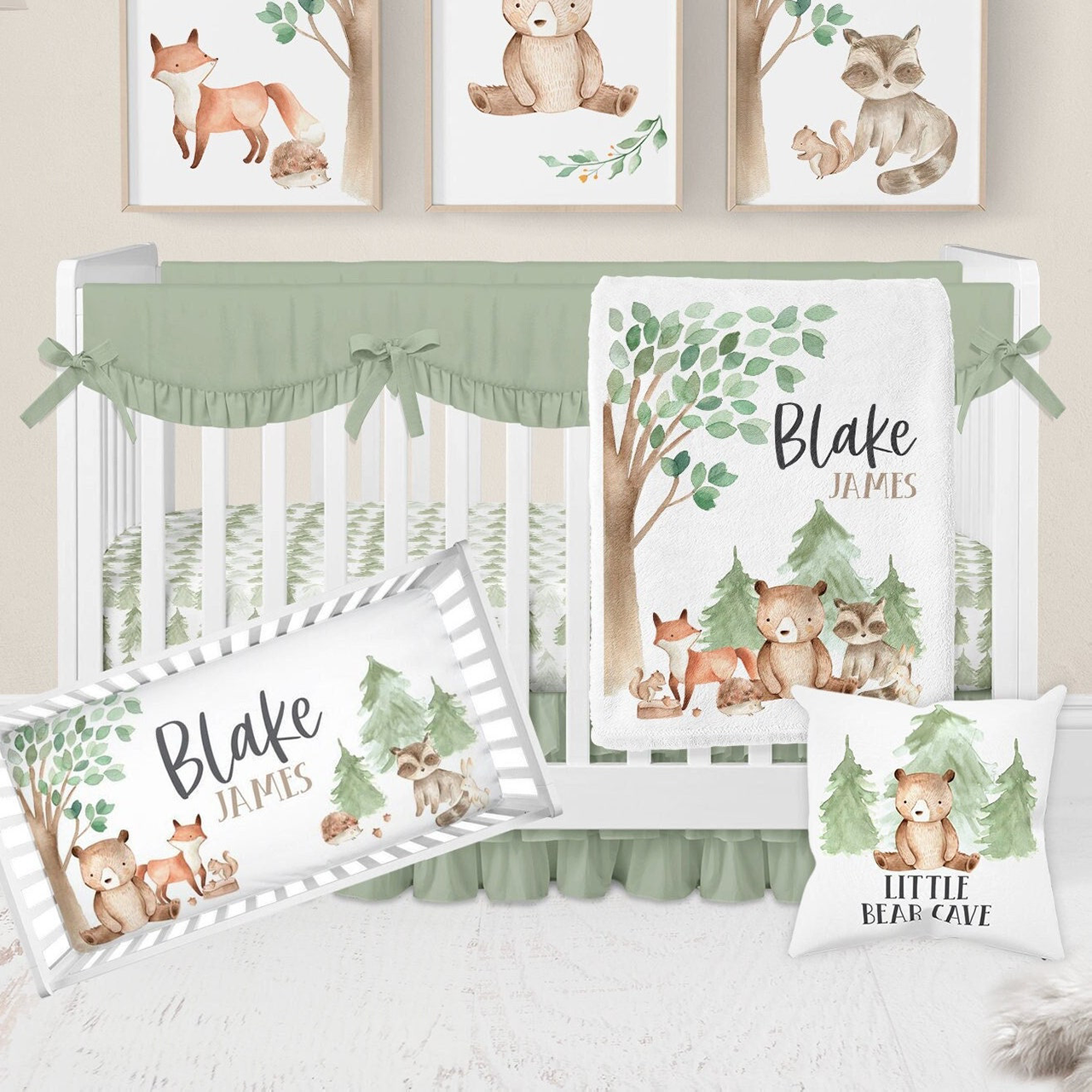 Personalized  Bear, Fox, Forest Baby Flannel Blanket