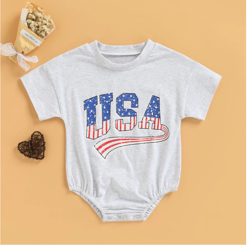 4th Of July USA Print Baby Romper & Shirt Outfit Set