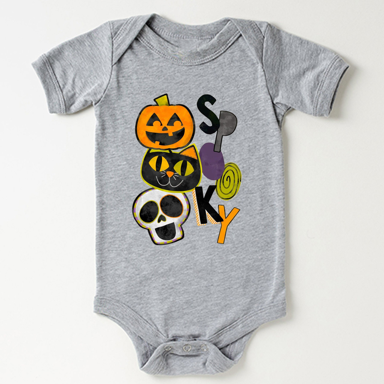 Spooky Pumpkin Cat Skull Halloween Baby Bodysuit