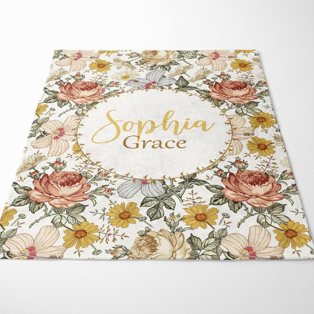 Personalized Rust Mustard Vintage Floral Baby Flannel Blanket