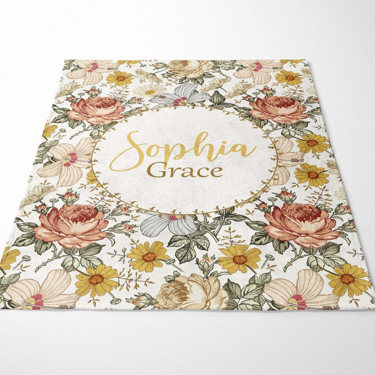 Personalized Rust Mustard Vintage Floral Baby Flannel Blanket