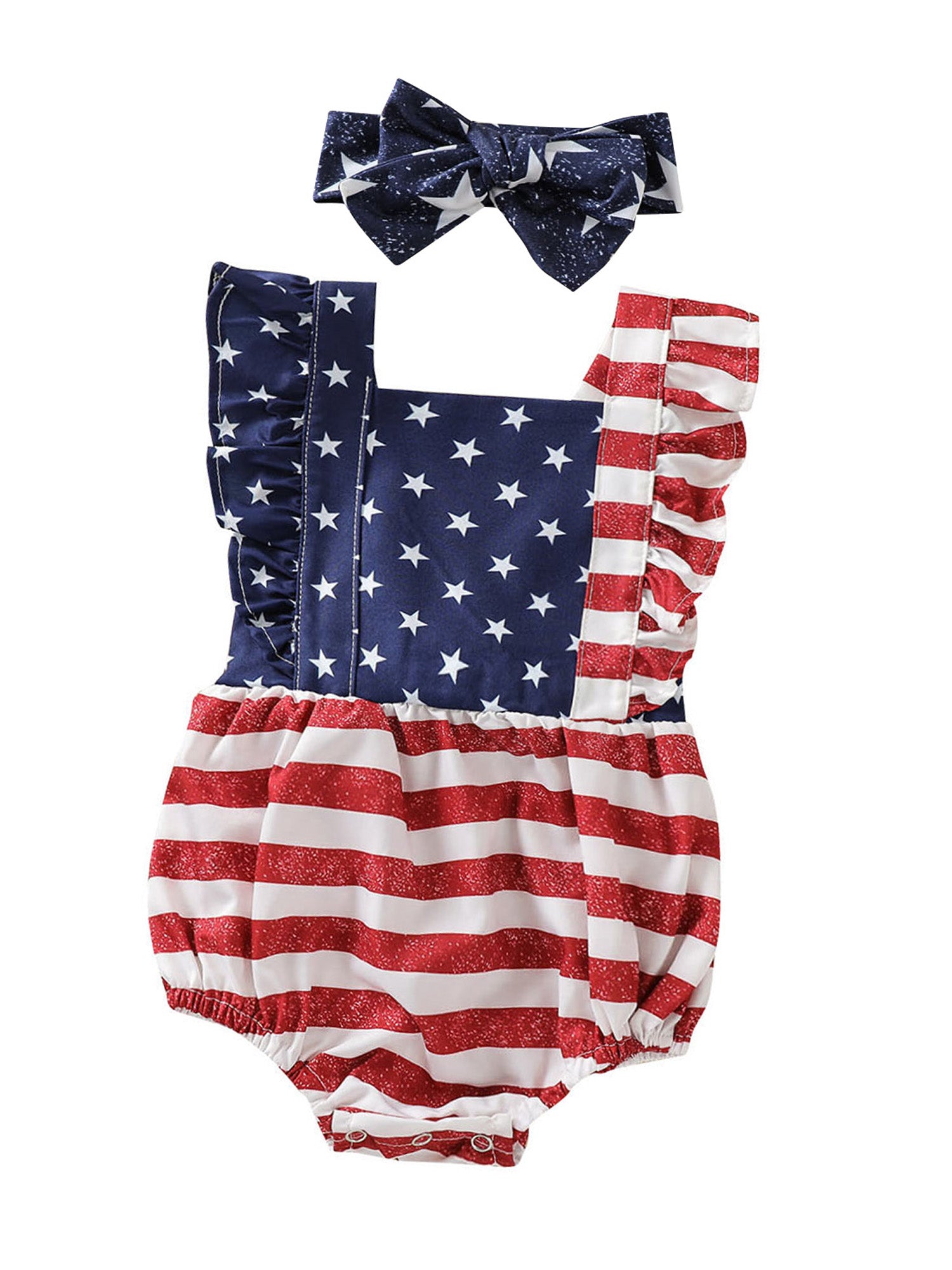 4th Of July American Flag Printing Baby Girl Romper Set