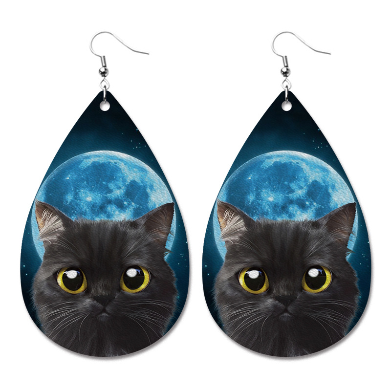 Halloween Moon Night Black & White Cat Leather Earrings