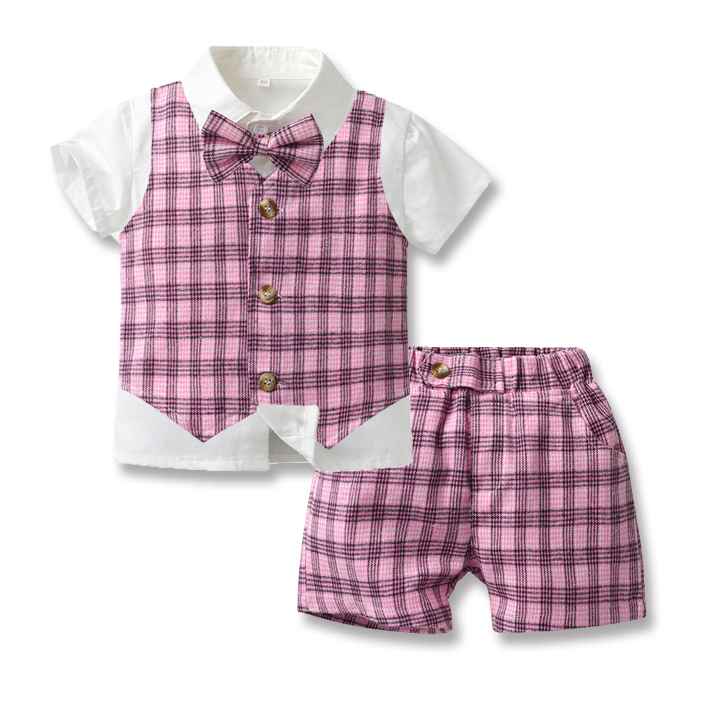 Vintage Plaid Vest White Short Sleeve Bow Tie Cardigan Set