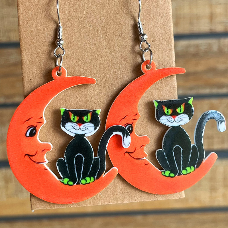 Halloween Moon Black Cat Earrings