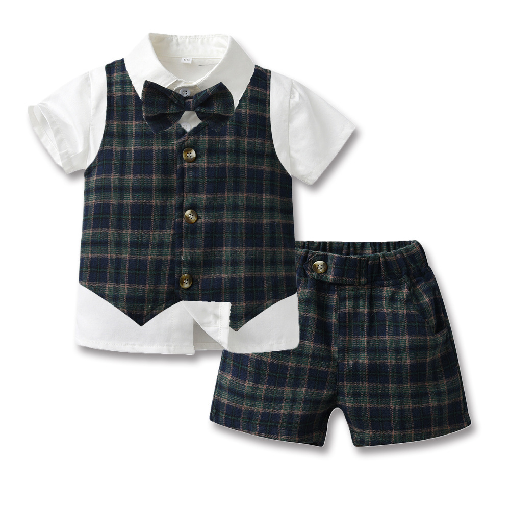Bowknot Plaid Cardigan Bib Shorts Two-Piece Set