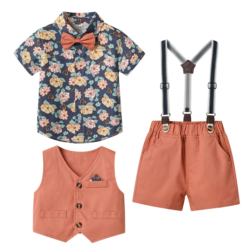 Orange Retro Vest Flower Cardigan And Shorts Three -piece Suit