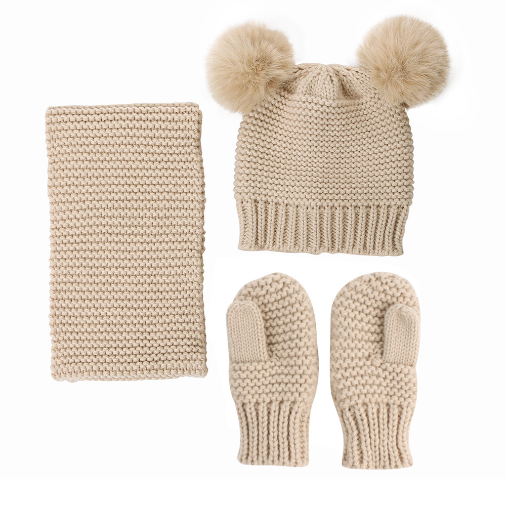 Baby Double Hair Ball Ear Wool Hat Gloves Two-Piece Set