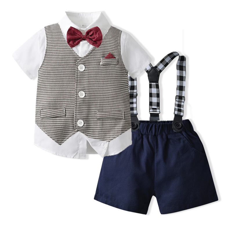 Three-piece Short-Sleeved Shirt, British Vest And Shorts For Boy