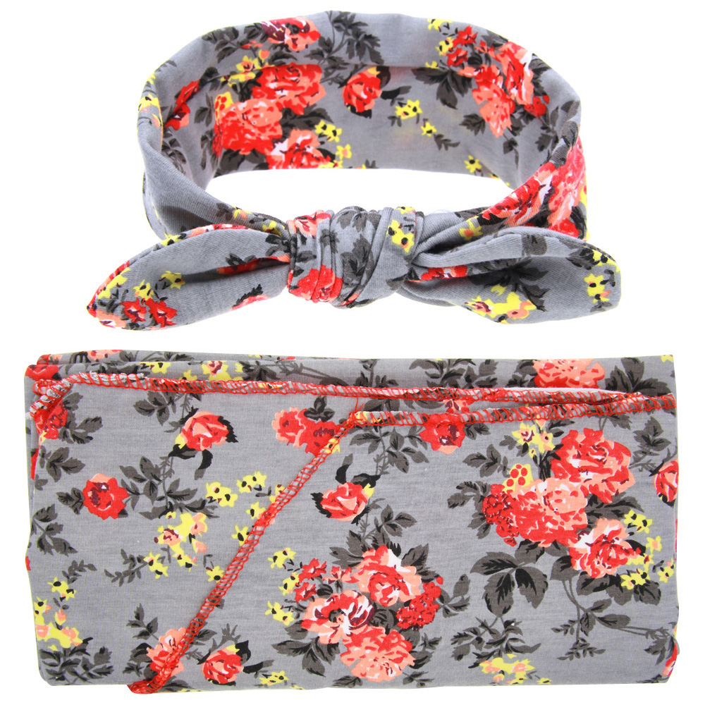 Grey Flowers Swaddle & Headband Set