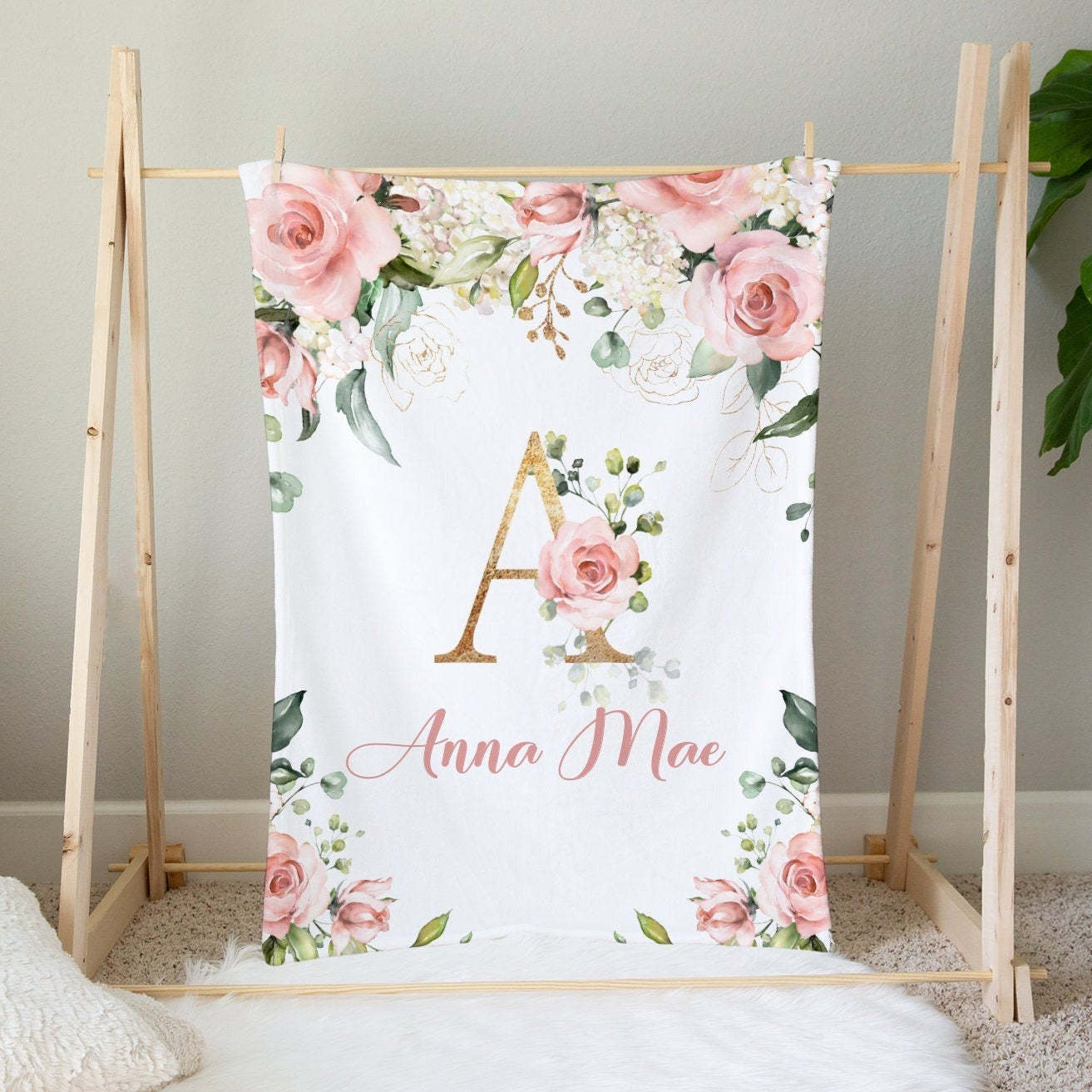 Personalized Vintage Pink Floral Baby Flannel Blanket