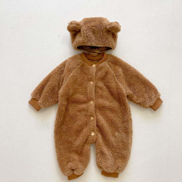 3 Colors Baby Fluffy Winter Romper With Bear Ears Hat