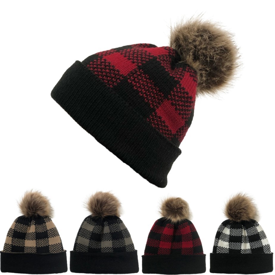 Christmas Plaid Detachable Pom Pom Knit Hat