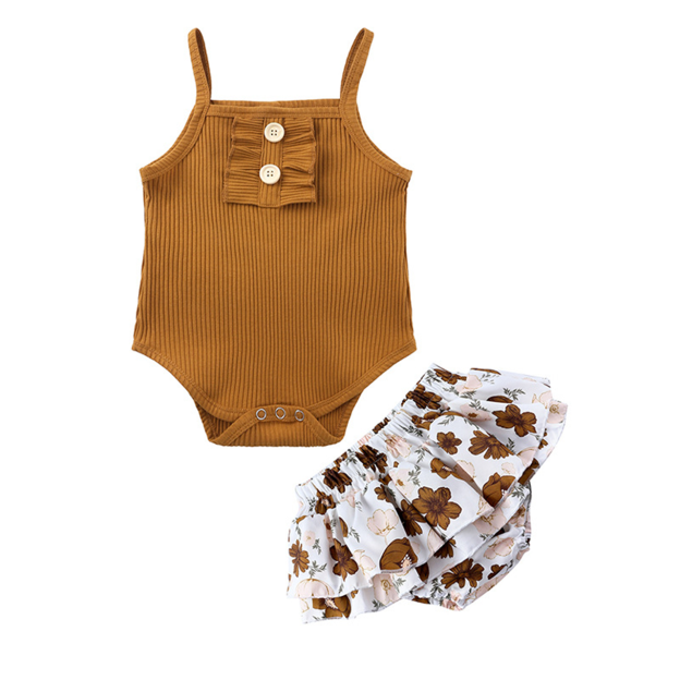 Baby Girl Summer Strap Sleeveless Solid Romper + Ruffled Floral Shorts Headband Glasses