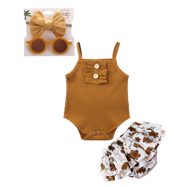Baby Girl Summer Strap Sleeveless Solid Romper + Ruffled Floral Shorts Headband Glasses